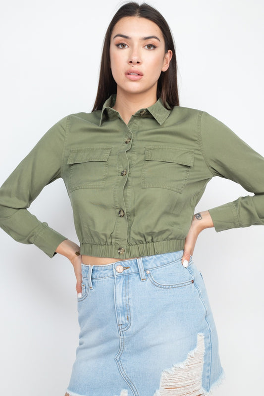 Elasticized Waist Flap Pockets Top