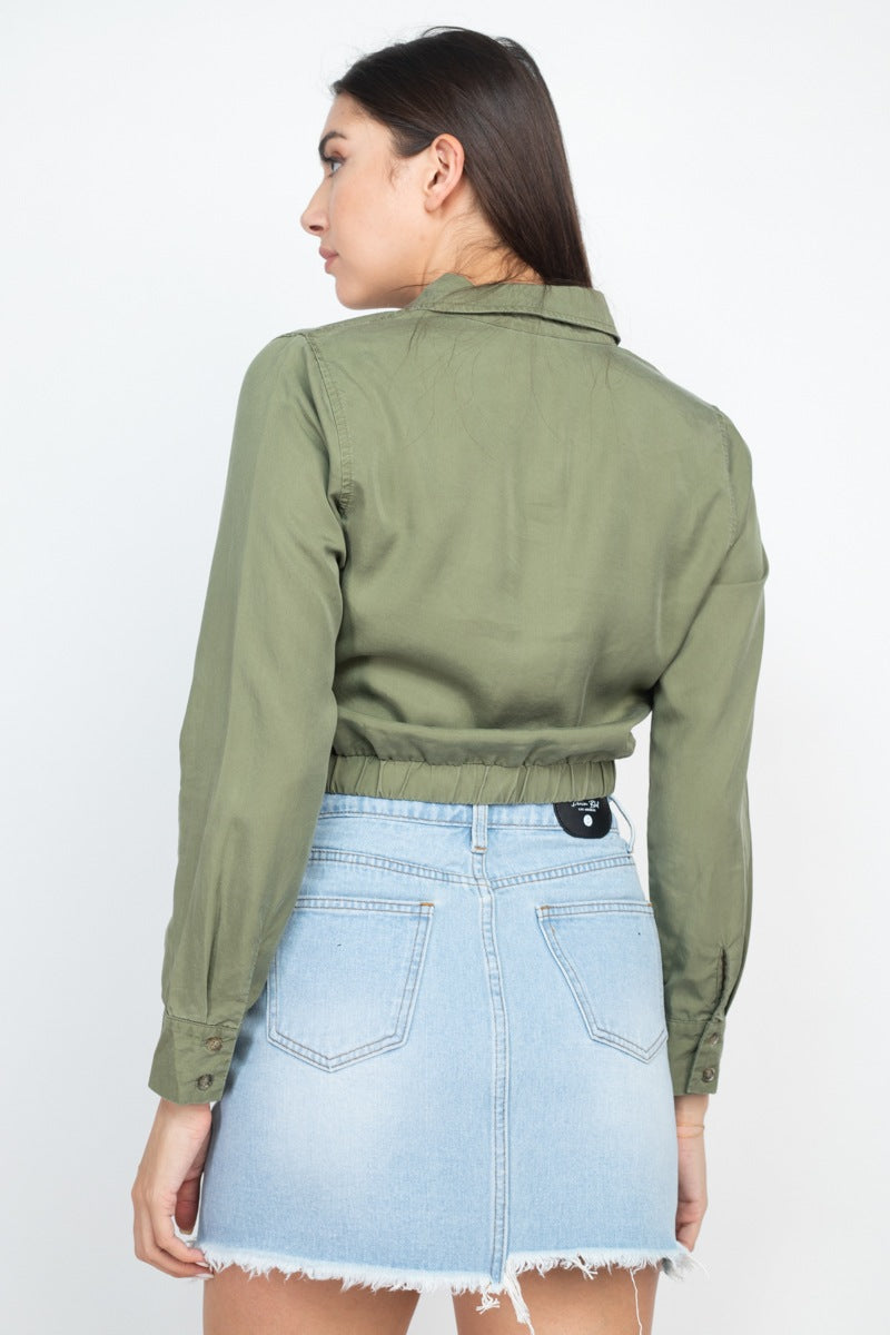 Elasticized Waist Flap Pockets Top