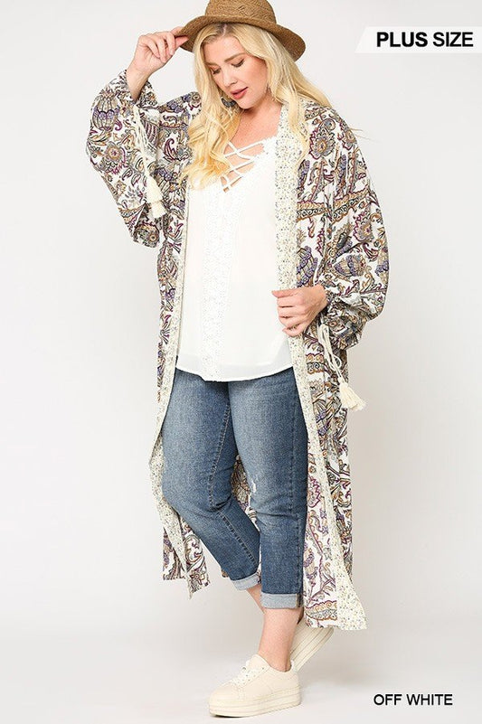 Mix-printed Open Front Kimono With Side Slits