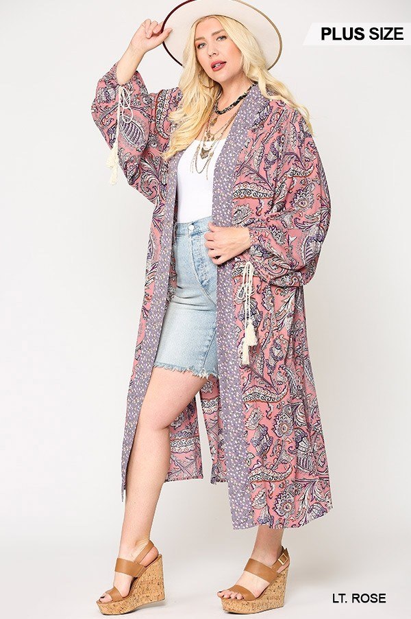 Mix-printed Open Front Kimono With Side Slits