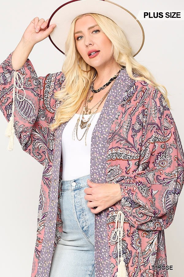 Mix-printed Open Front Kimono With Side Slits