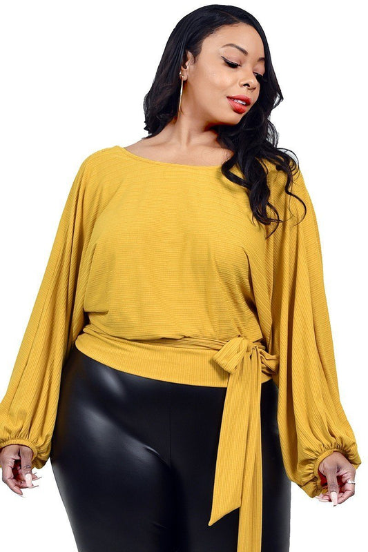 Plus Relaxed Long Sleeve Tie Waist Top