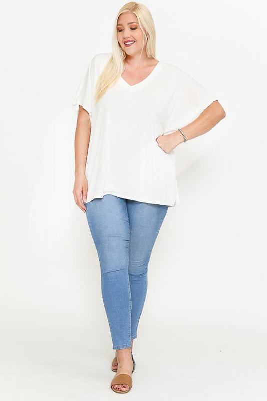 Side Slit With V-neck Dolman Short Sleeve Solid Blouse