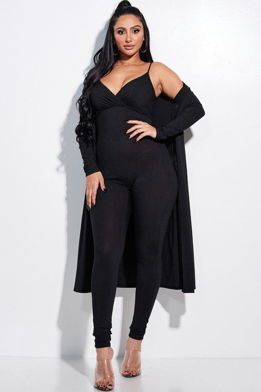 Solid Rib Knit Spaghetti Strap Jumpsuit And Duster Two Piece Set