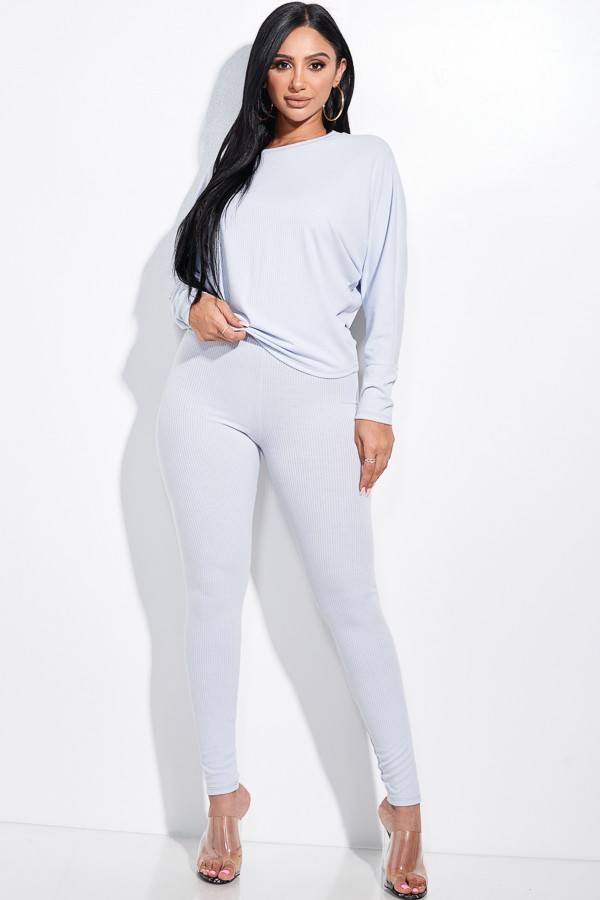 Solid Rib Knit Dolman Sleeve Top And Leggings Two Piece Set