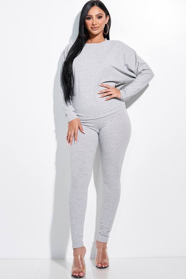 Solid Rib Knit Dolman Sleeve Top And Leggings Two Piece Set