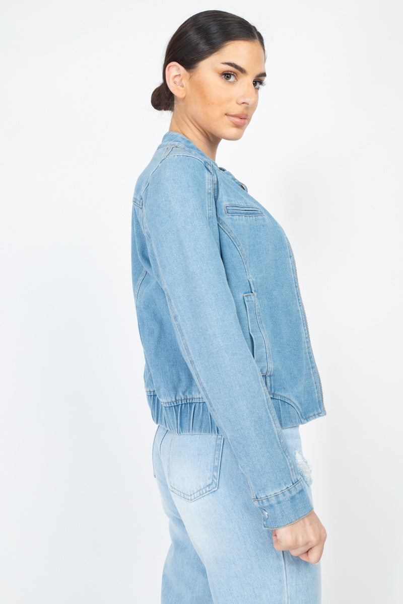 Long Sleeves Funnel Neck Denim Jackets