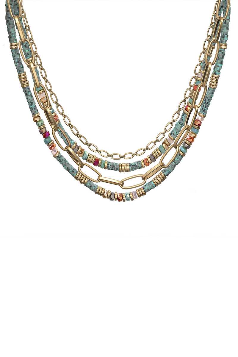 Fashion 4 Layered Metal Chain Stone Bead Necklace