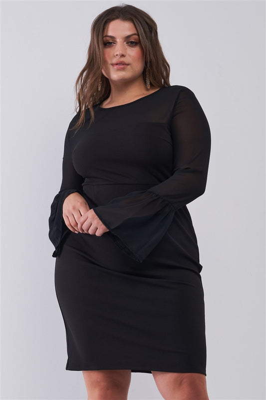Plus Size Classy Black Round Neck Flared Sheer Mesh Sleeve Detail Structured Tight Mini Dress