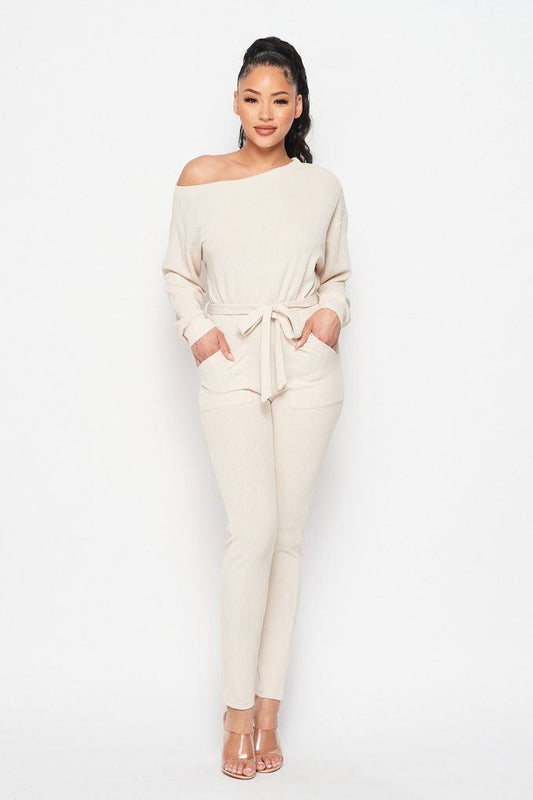 Off Shoulder Waist Tie Long Sleeve Jumpsuit