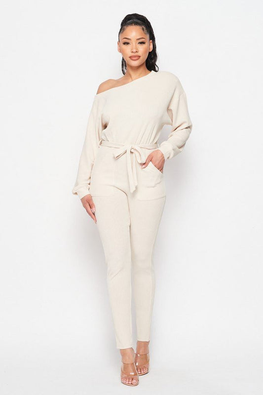 Off Shoulder Waist Tie Long Sleeve Jumpsuit