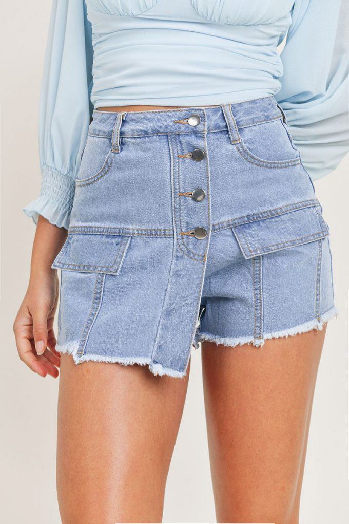 High Waisted Layered Denim Shorts With Pockets