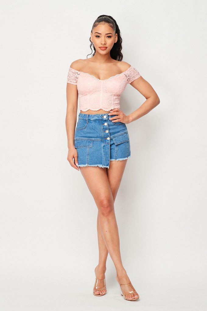 High Waisted Layered Denim Shorts With Pockets