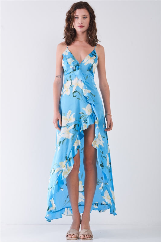 Satin Floral Print Sleeveless V-neck Self-tie Back Ruffle Trim Side Slit Detail Maxi Dress