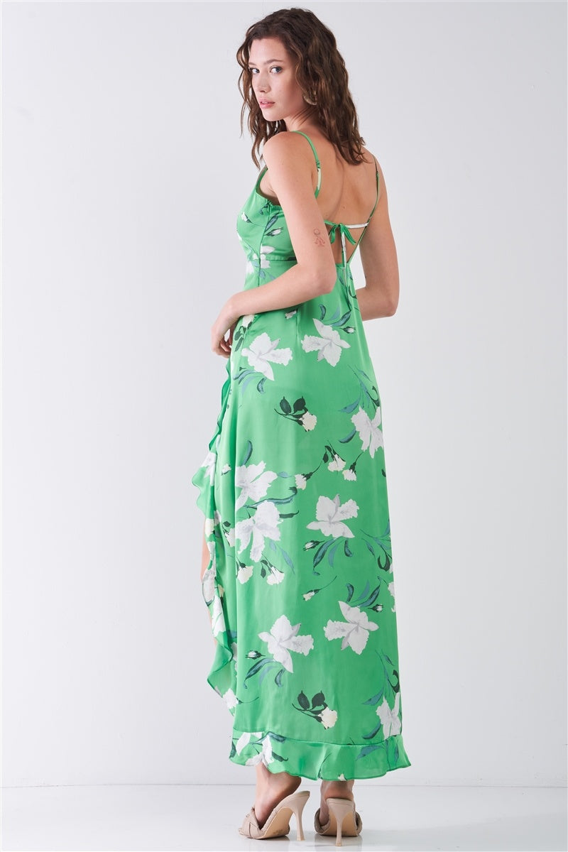 Satin Floral Print Sleeveless V-neck Self-tie Back Ruffle Trim Side Slit Detail Maxi Dress