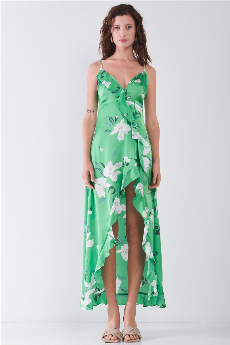 Satin Floral Print Sleeveless V-neck Self-tie Back Ruffle Trim Side Slit Detail Maxi Dress