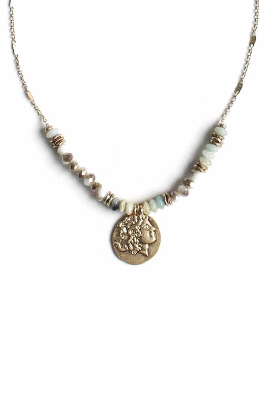 Stone Glass Bead Coin Pendant Necklace