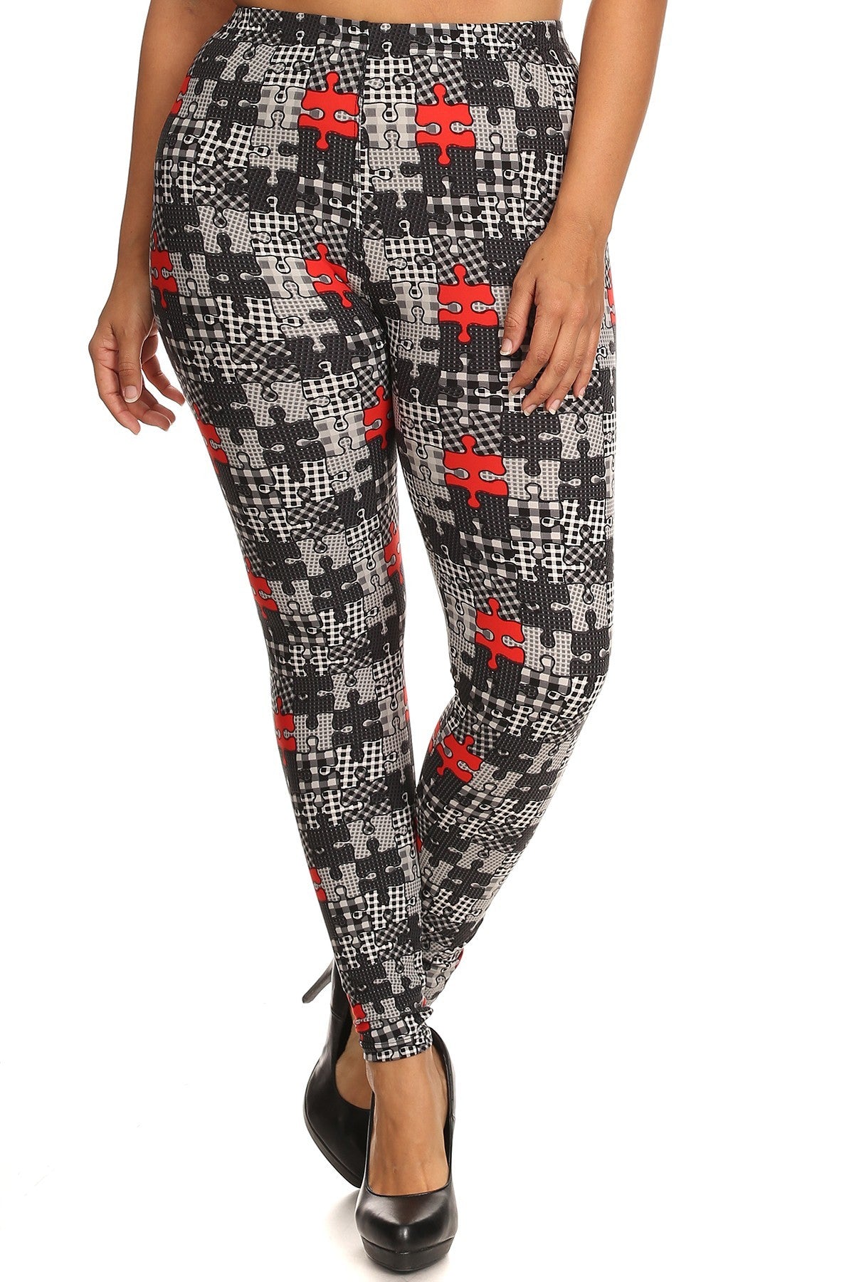 Plus Size Puzzle/plaid Print, Full Length Leggings In A Slim Fitting Style With A Banded High Waist