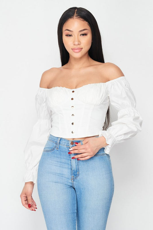 Poplin Off Shoulder Ribbed Corset Top