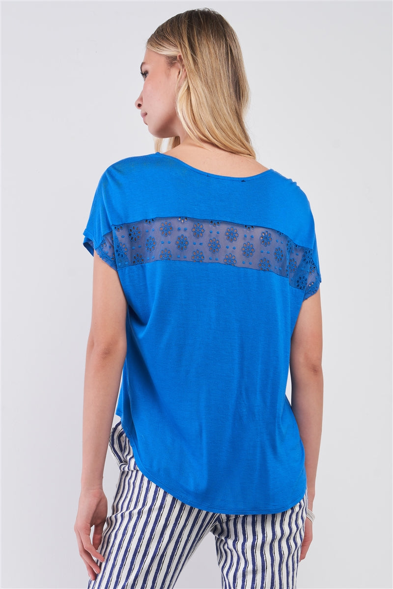 Royal Blue Boat Neck Short Sleeve See-trough Cross Cut-in Detail With Floral Embroidery Top