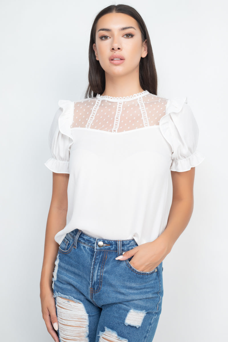 Dot Mesh Ruffled Sleeve Blouse