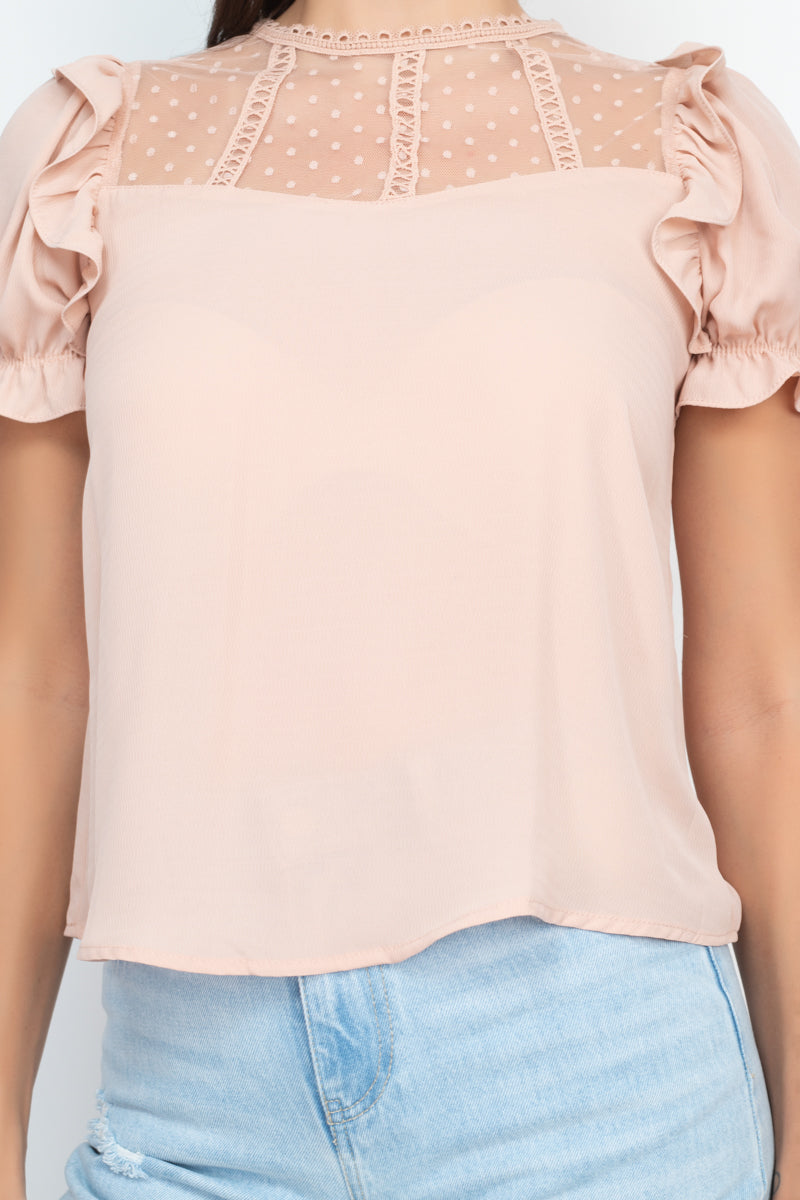 Dot Mesh Ruffled Sleeve Blouse