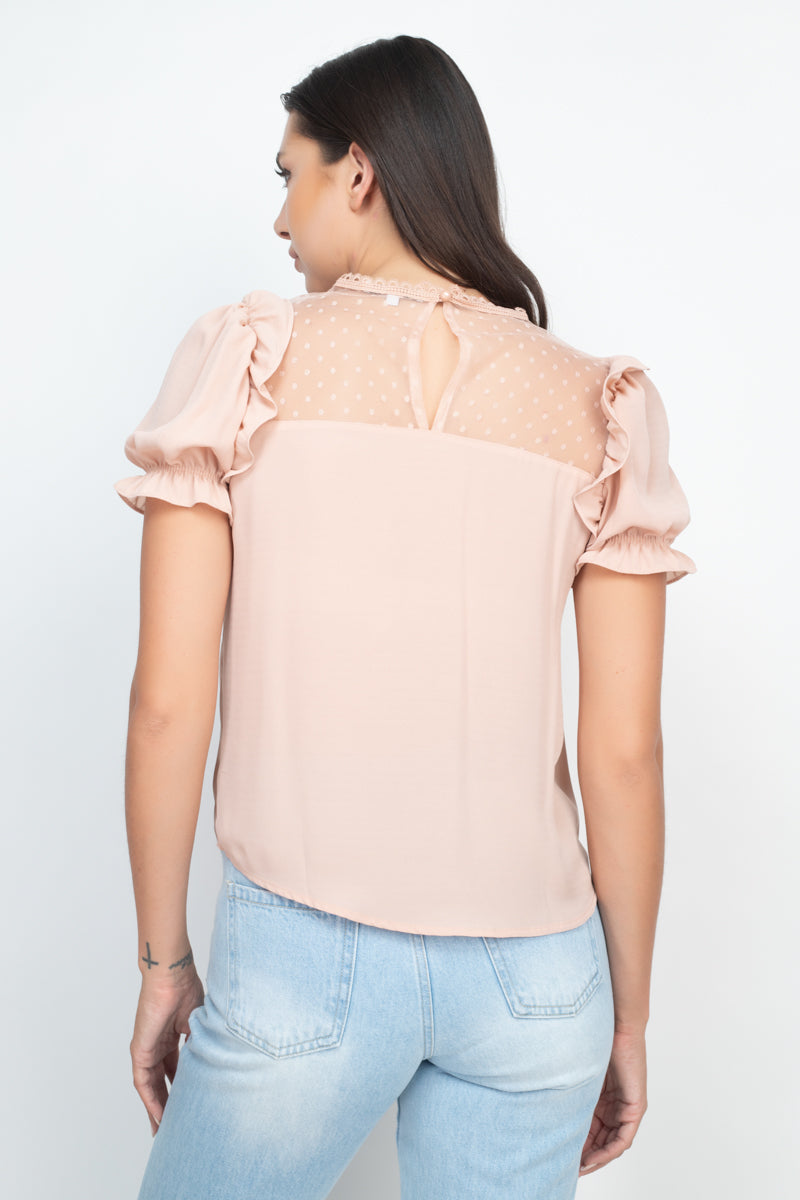 Dot Mesh Ruffled Sleeve Blouse