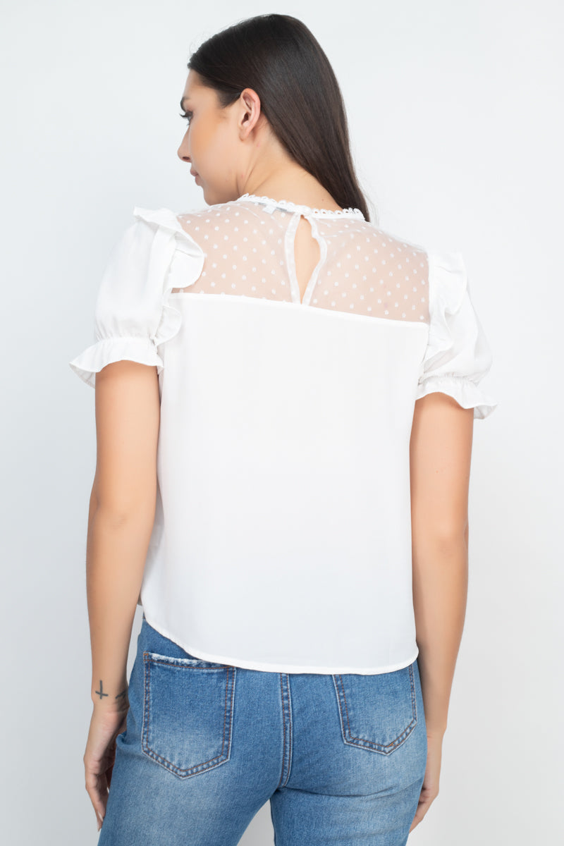 Dot Mesh Ruffled Sleeve Blouse