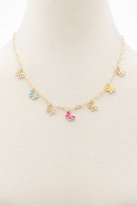 Colorful Butterfly Charm Oval Link Station Necklace