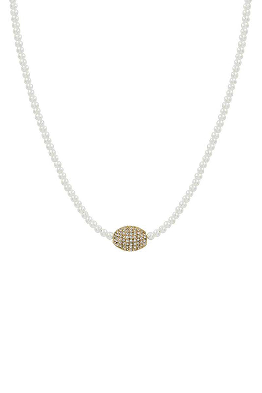 Oval Rhinestone Pendant Pearl Bead Necklace