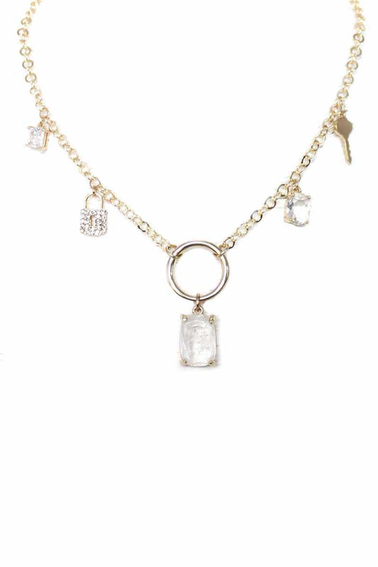 Metal Chain Crystal Stone Lock And Key Dangle Necklace