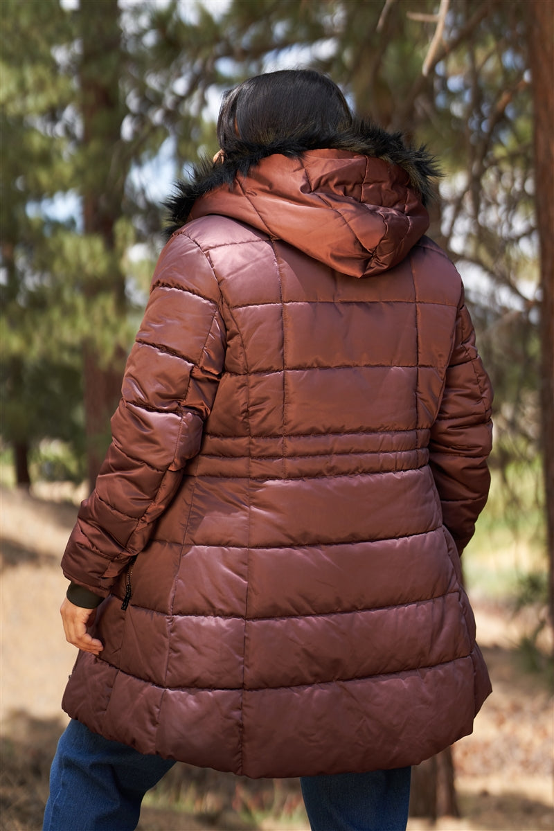 Plus Glossy Long Fitted Vegan Fur Hood Detail Winter Puffer Jacket