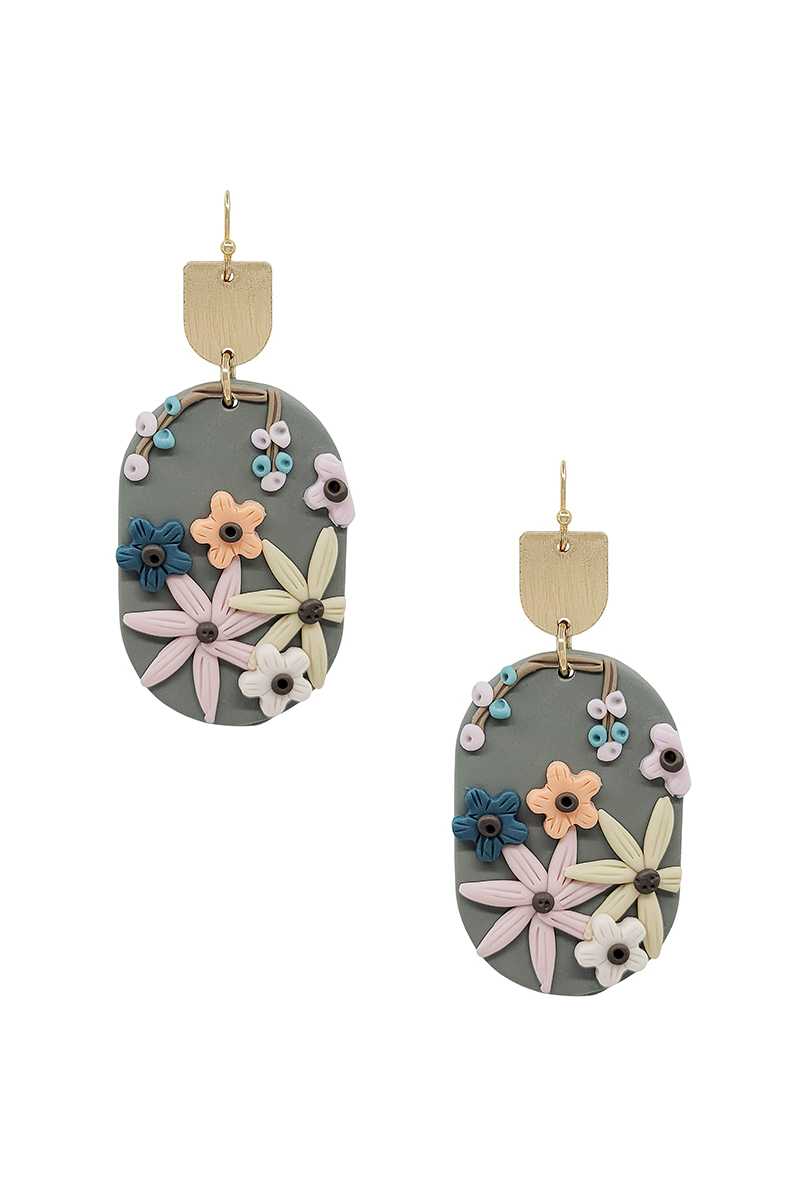 Metal Oval Clay Flower Dangle Earring