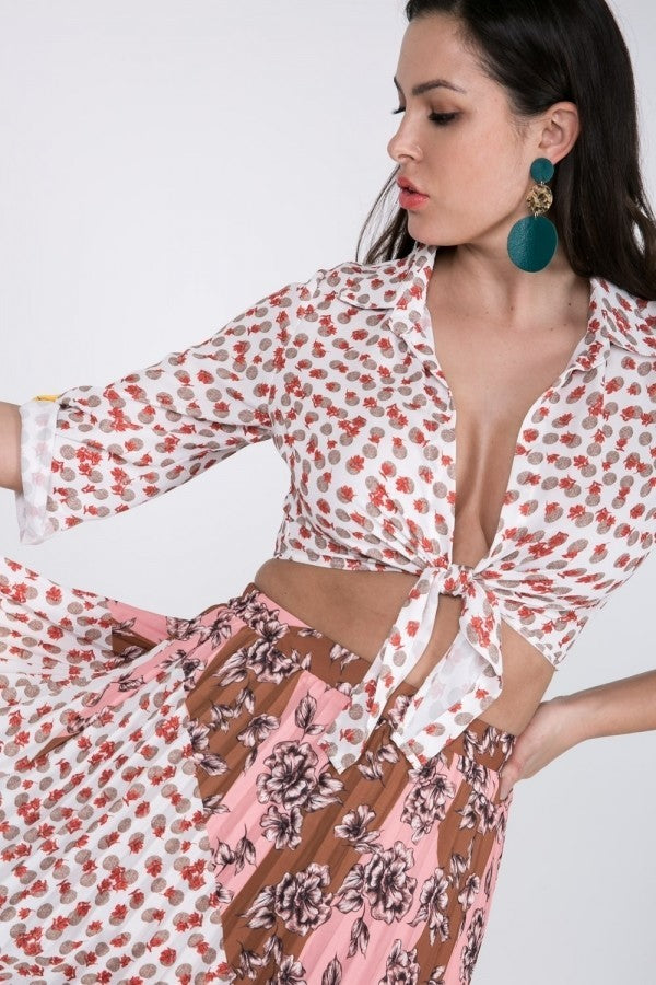 Tied Front Roll Up Sleeve Print Crop Top