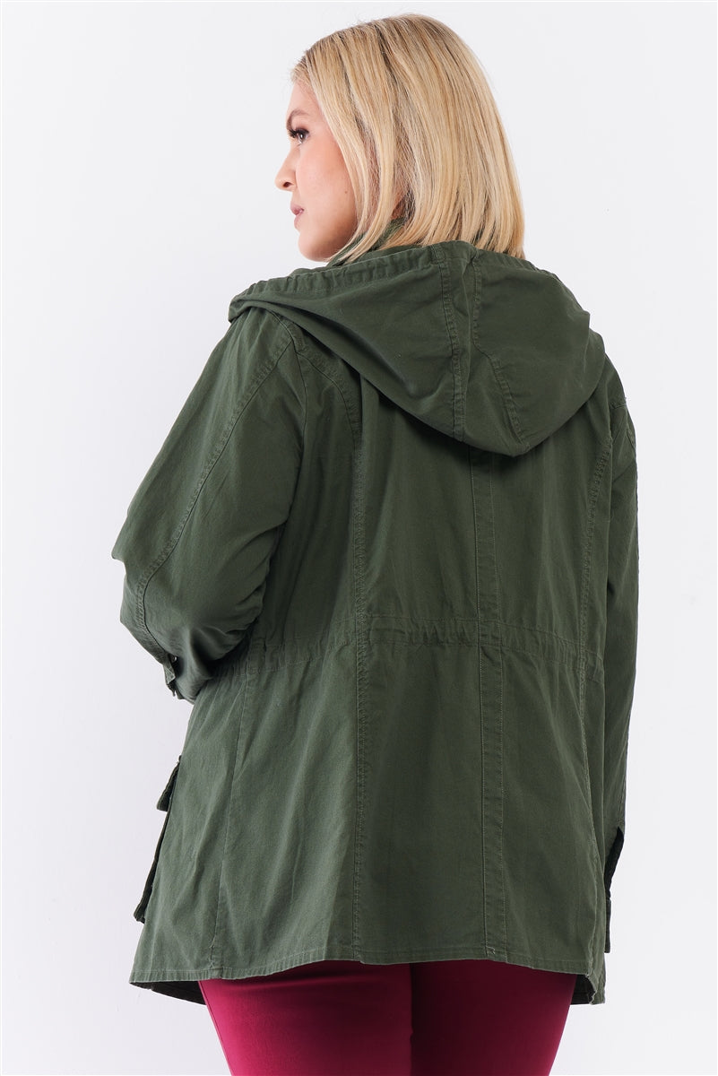 Plus Olive Cotton Front Zip-up & Button Down Detachable Hood Detail Utility Jacket