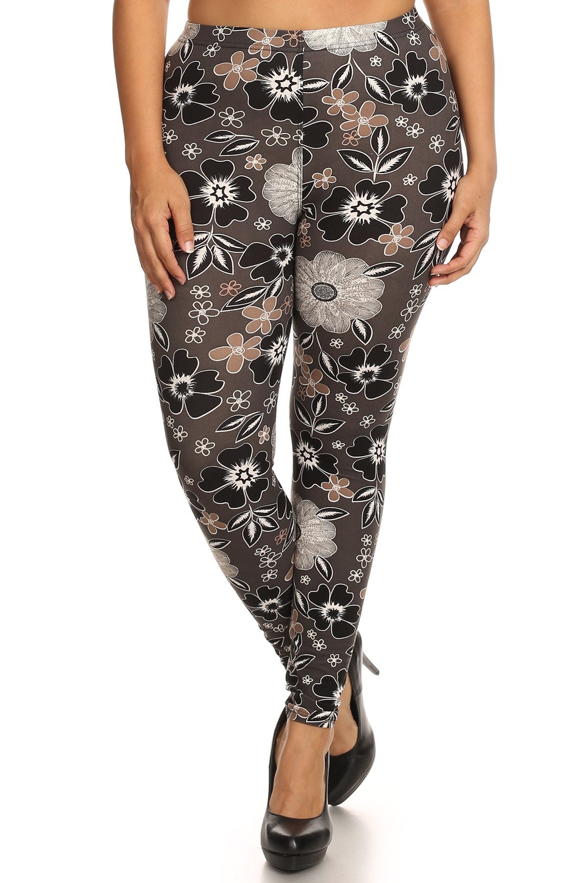 Plus Size Floral Graphic Printed Knit Legging With Elastic Waist Detail. High Waist Fit