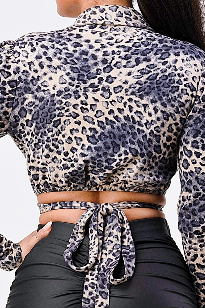 Sexy Animal Print Collared Back-tie Wrap Top