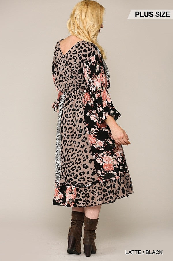 Leopard And Floral Mixed Print Hi Low Midi Dress With Waist Tie