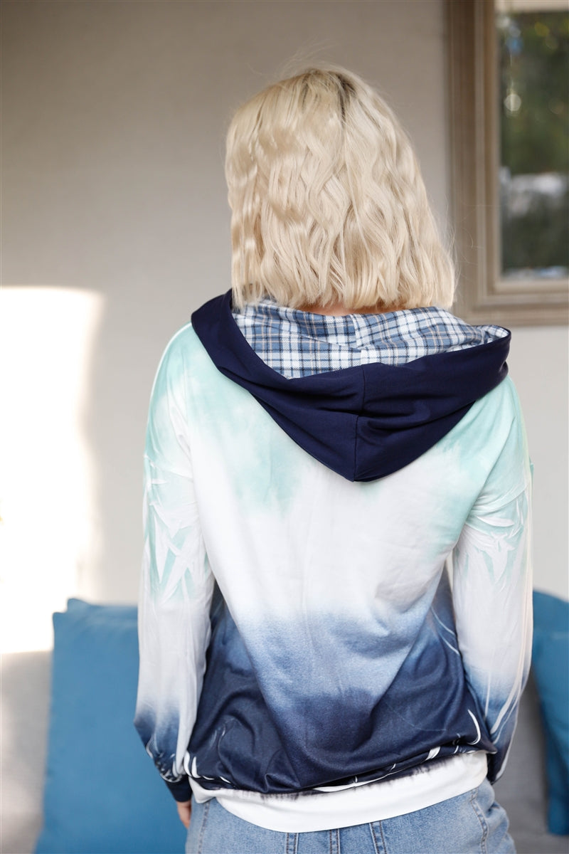 Feather & Tie-dye Print Contrast Plaid Hood Sweater