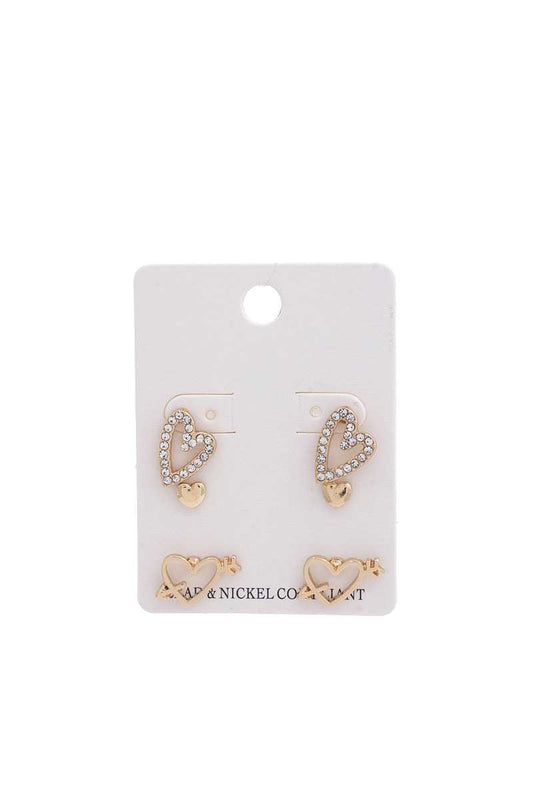 Slanted Rhinestone Heart Earring Set