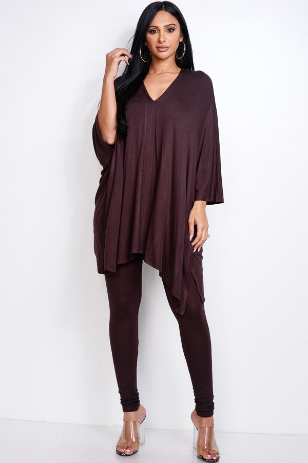 Solid Heavy Rayon Spandex Cape Top And And Leggings 2 Piece Set