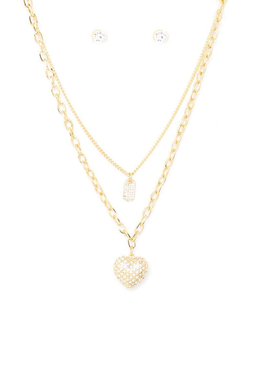 2 Layered Metal Chain Rhinestone Heart Pendant Necklace Earring Set