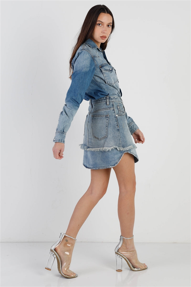 Light Denim Cotton Button Up Long Shirt & Mini Skirt Set