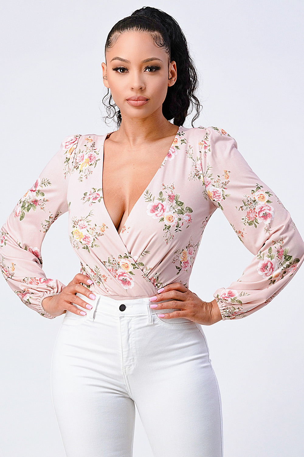 Floral Wrapped V-neck Long Sleeves Bodysuit