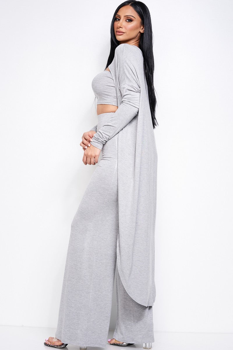 Solid Heavy Rayon Spandex Tube Top, Long Sleeve Cape Top And Wide Leg Pants 3 Piece Set