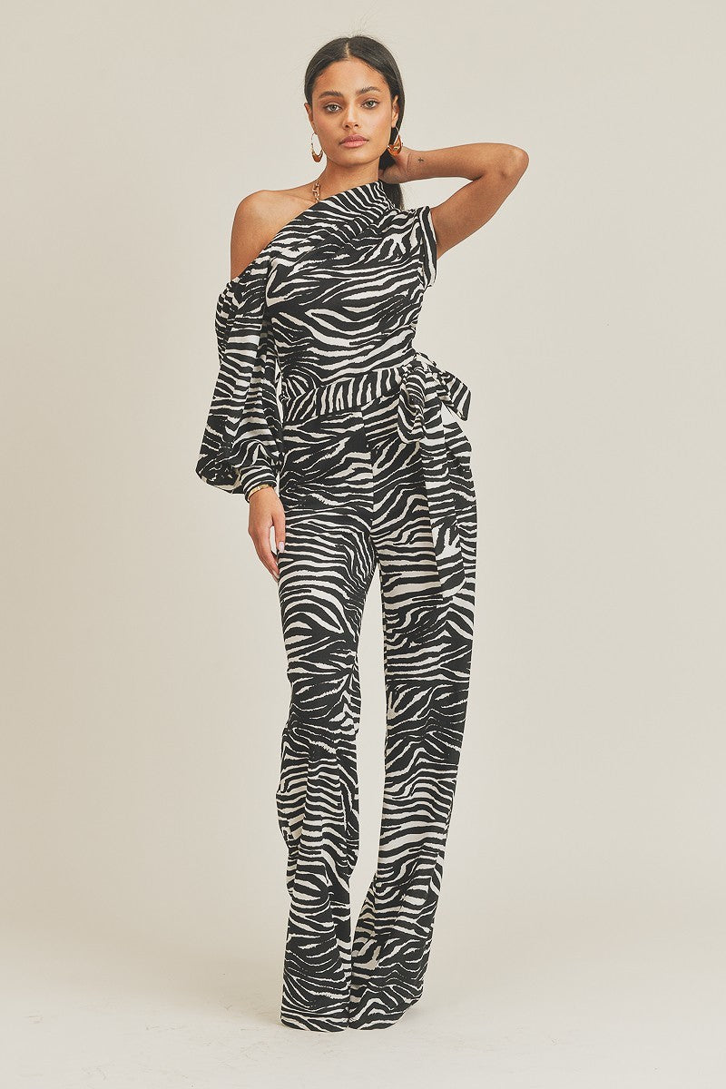 One Shoulder Zebra Print Jumpsuit