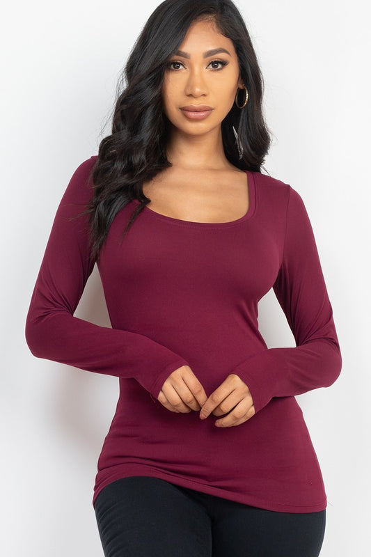 Scoop Neck Solid Long Sleeve Cozy Top