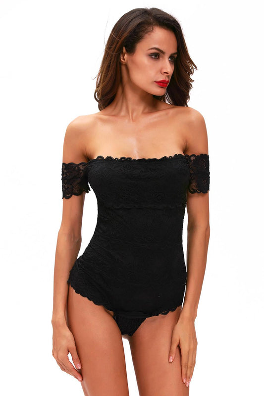 Women Black off Shoulder Lace Bodysuit