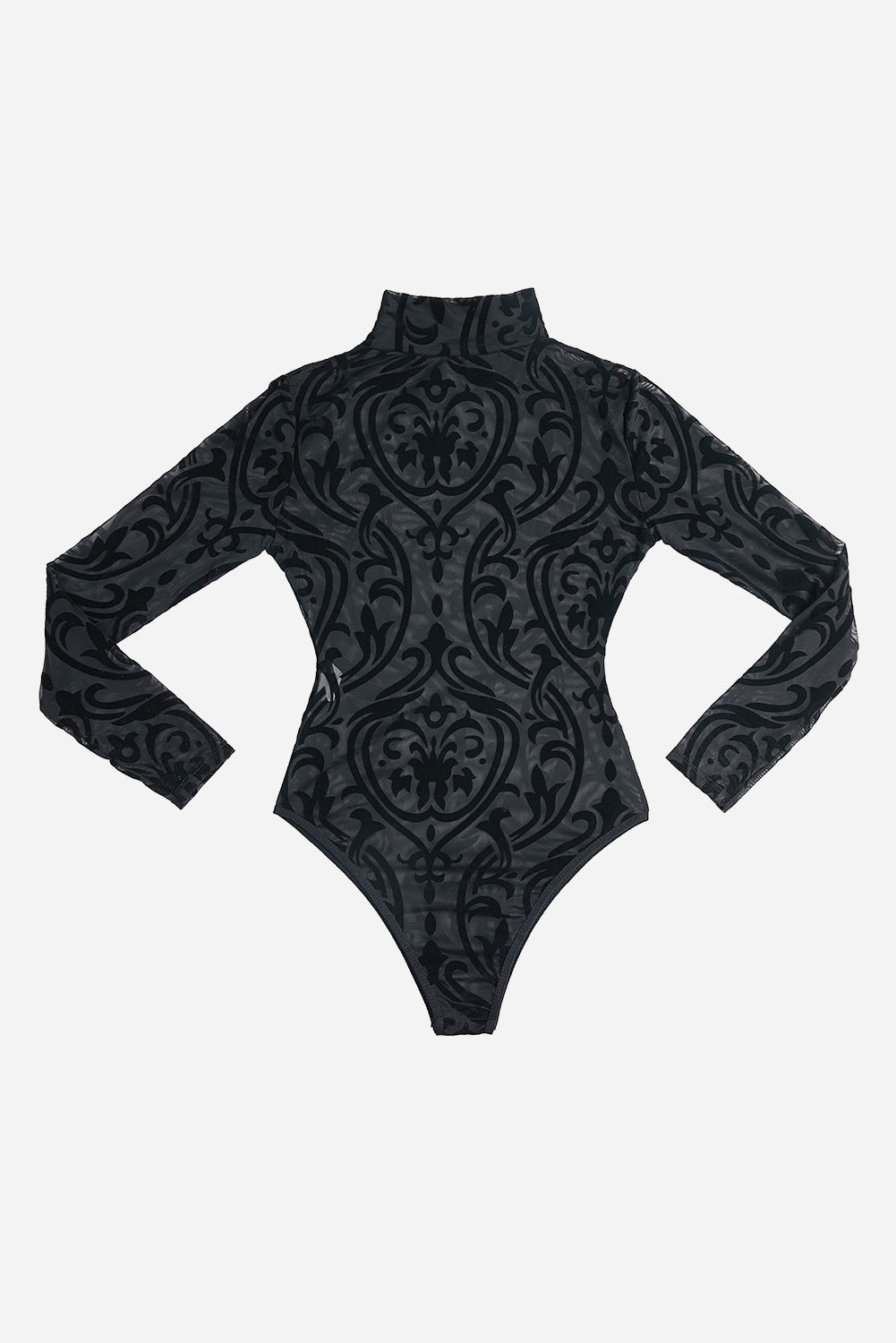 Black Sheer Mesh Pattern High Neck Long Sleeve Bodysuit