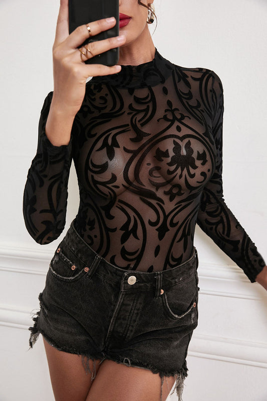 Black Sheer Mesh Pattern High Neck Long Sleeve Bodysuit